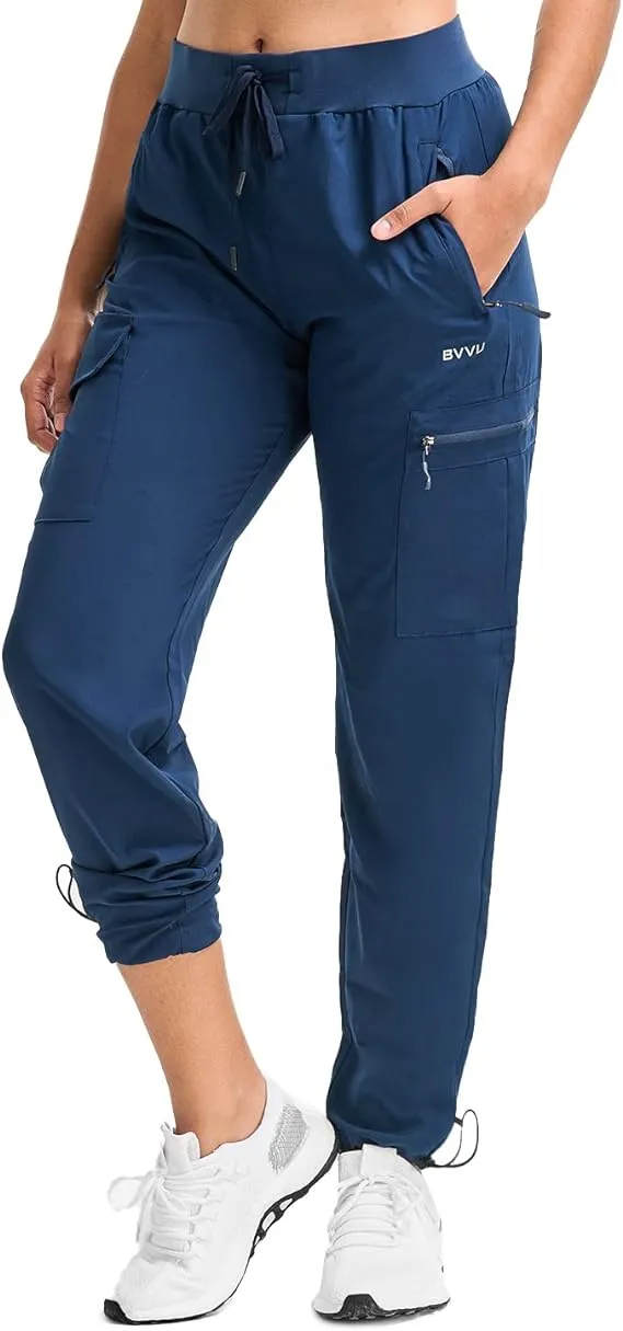 BVVU Women's Cargo Joggers Lightweight Quick Dry Hiking Pants Outdoor Waterproof Athletic Workout Pants with Zipper Pockets