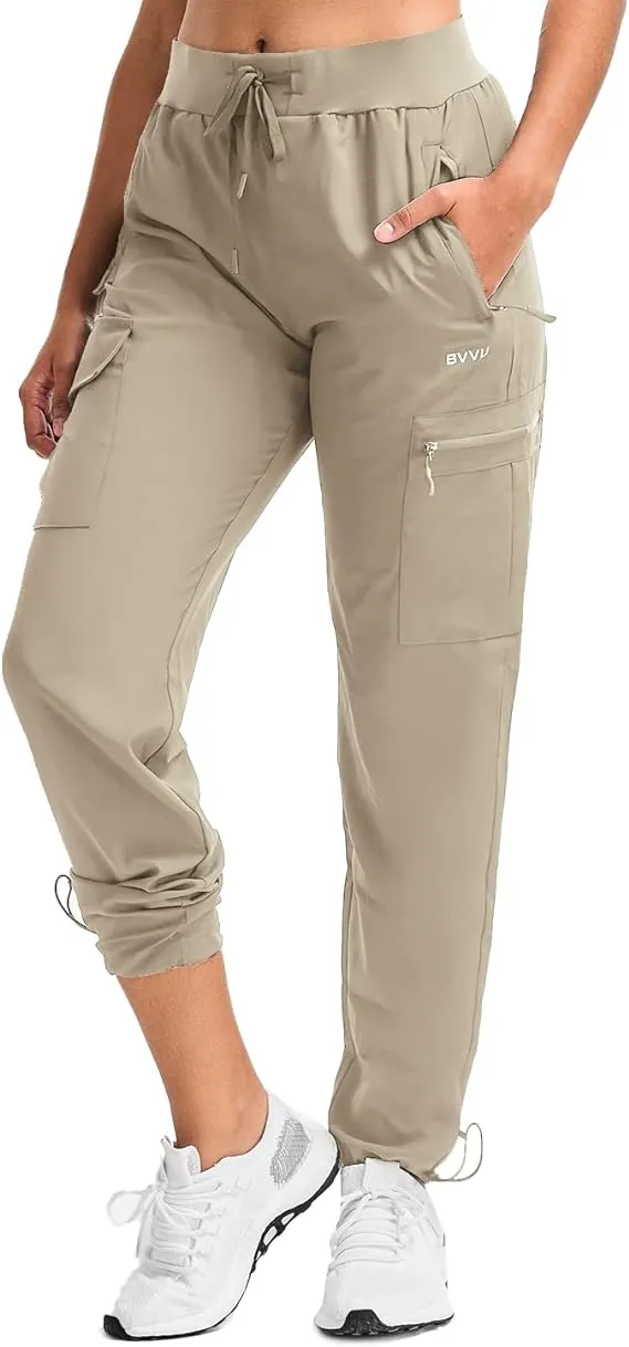 BVVU Women's Cargo Joggers Lightweight Quick Dry Hiking Pants Outdoor Waterproof Athletic Workout Pants with Zipper Pockets