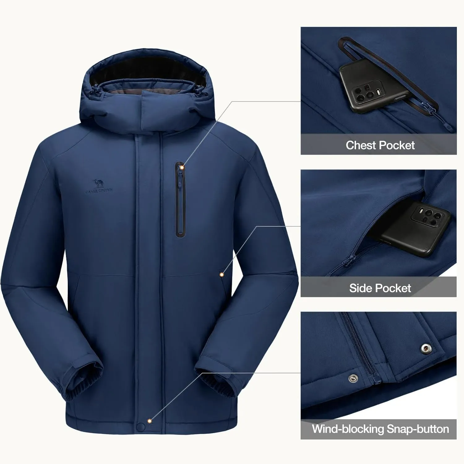 CAMEL CROWN Men's Winter Coats Waterproof Ski Jacket Snowboard Fleece Lining with Hood Parka Rain Jacket