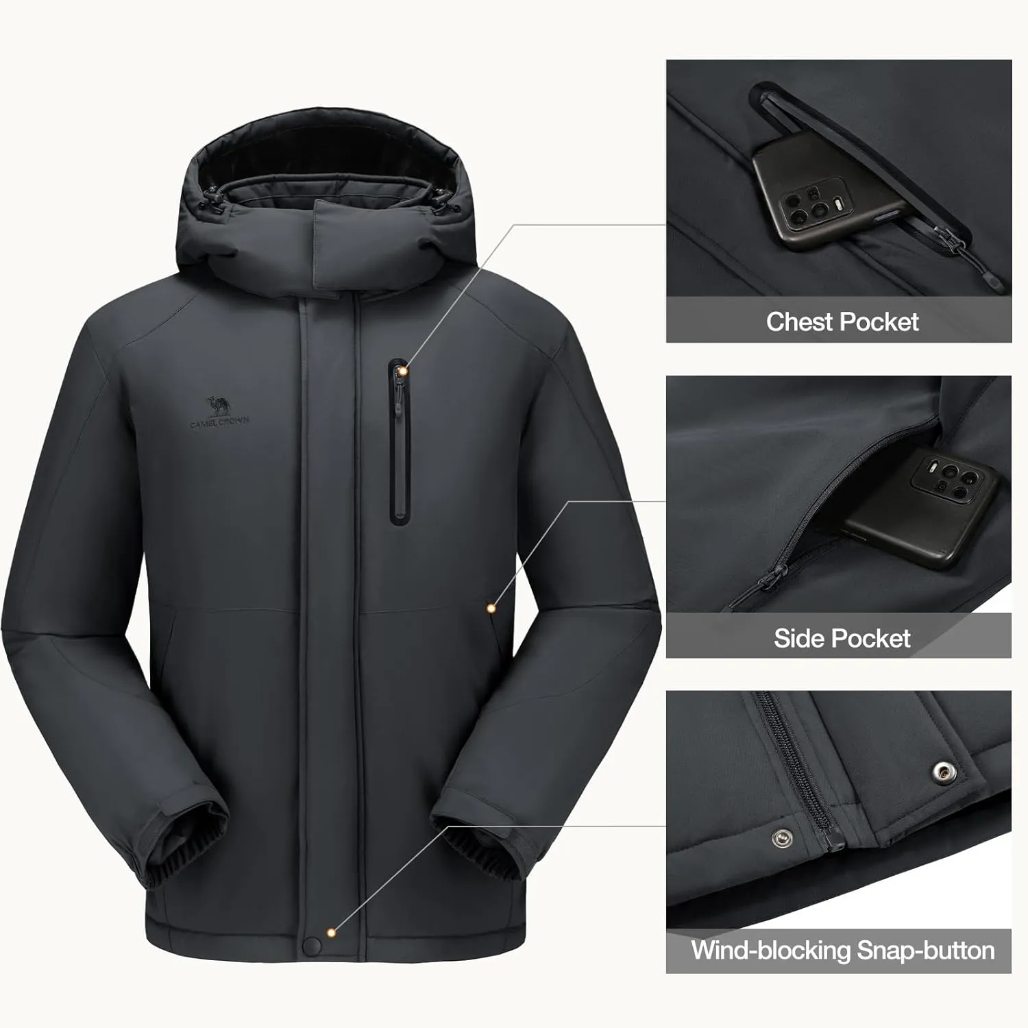 CAMEL CROWN Men's Winter Coats Waterproof Ski Jacket Snowboard Fleece Lining with Hood Parka Rain Jacket