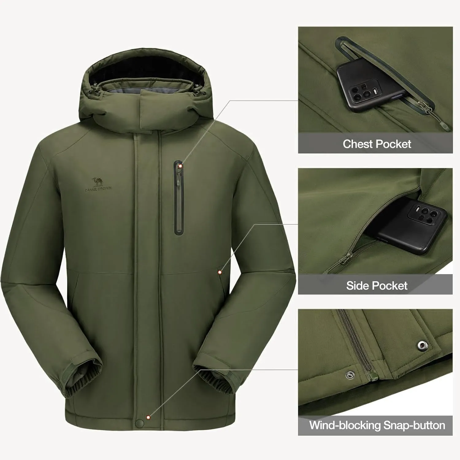 CAMEL CROWN Men's Winter Coats Waterproof Ski Jacket Snowboard Fleece Lining with Hood Parka Rain Jacket