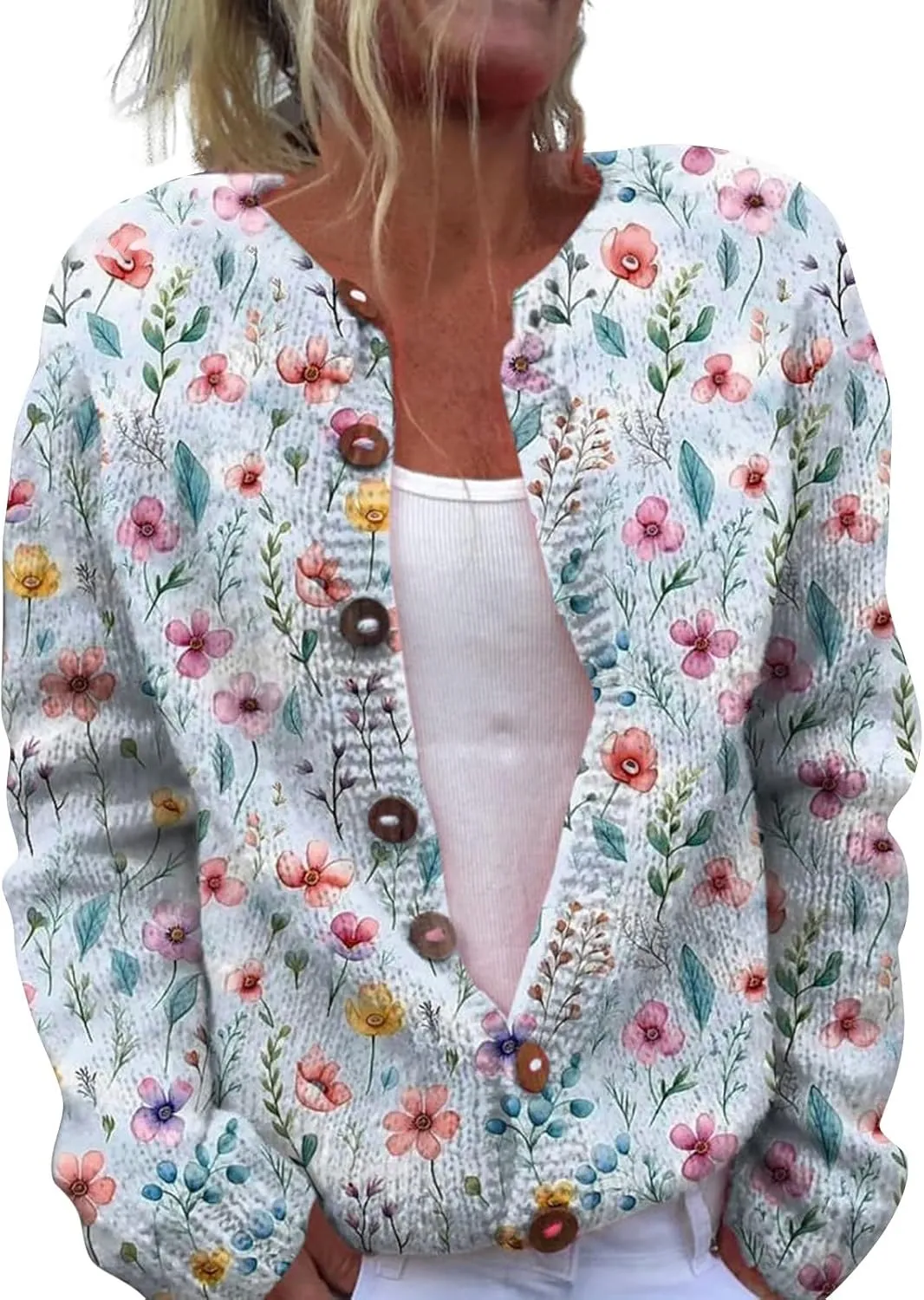 Christmas Sweater for Women Cute Xmas Floral Printed Cardigans Sweaters Open Front Button Down Casual Knitted Outerwear
