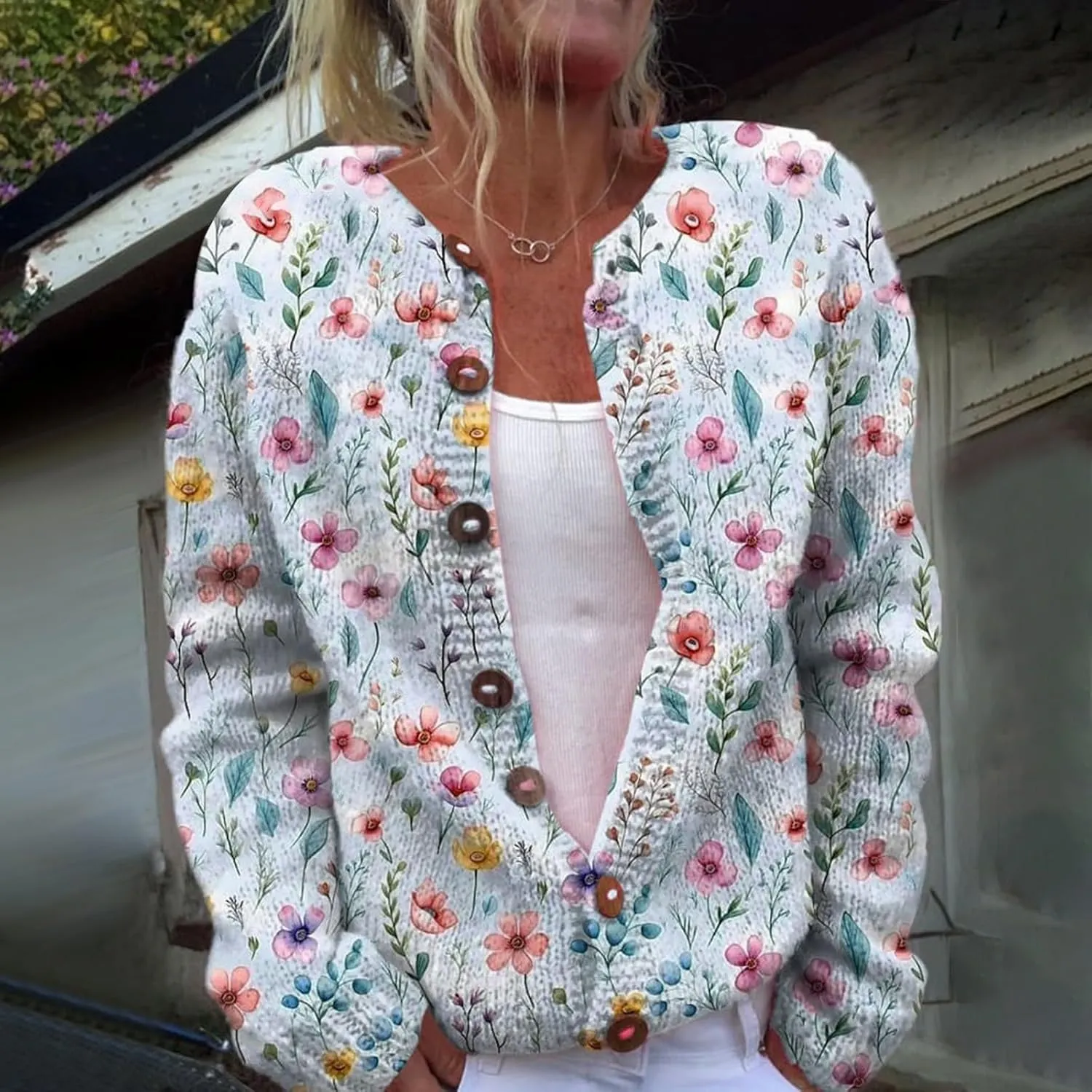 Christmas Sweater for Women Cute Xmas Floral Printed Cardigans Sweaters Open Front Button Down Casual Knitted Outerwear