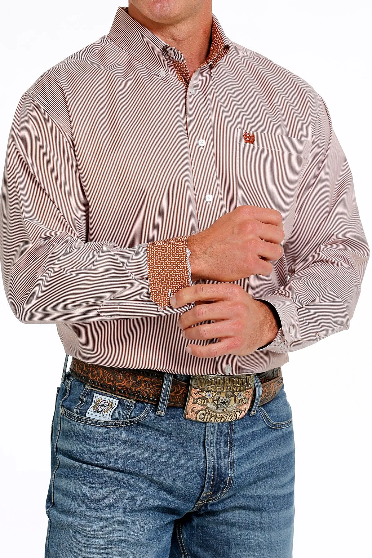 Cinch Men's Brown and White Stripe Tencel Button Down Western Shirt