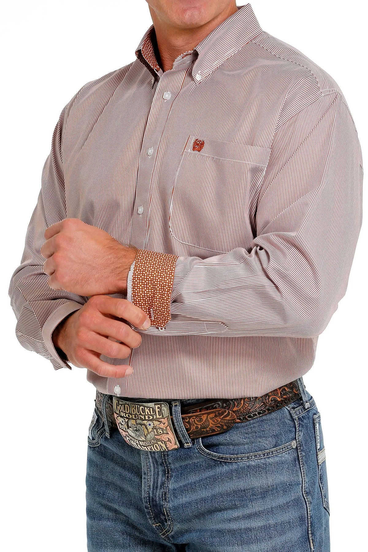 Cinch Men's Brown and White Stripe Tencel Button Down Western Shirt