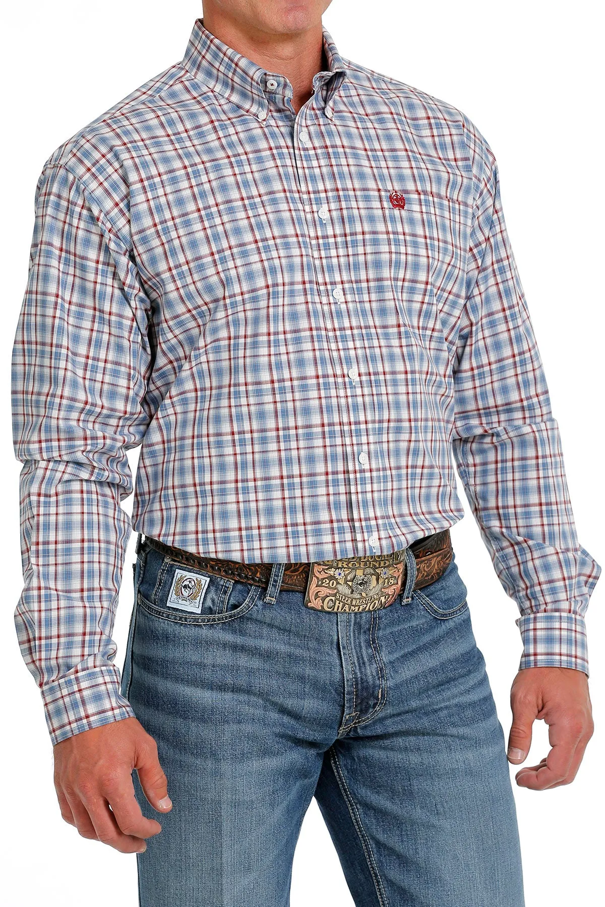 Cinch Men's Cream and Blue Plaid Button Down Western Shirt