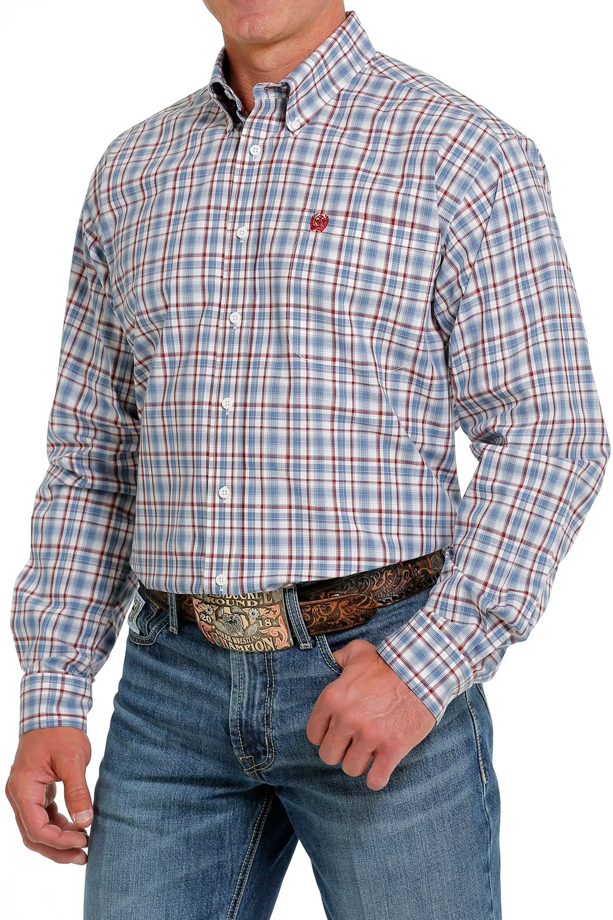 Cinch Men's Cream and Blue Plaid Button Down Western Shirt
