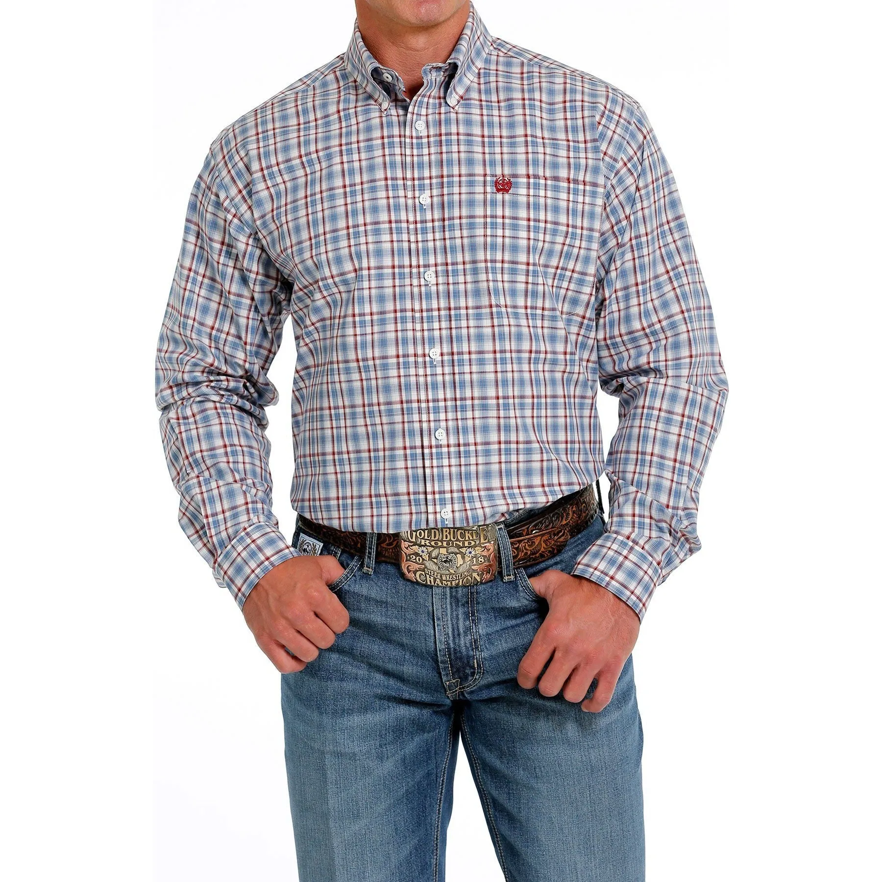 Cinch Men's Cream and Blue Plaid Button Down Western Shirt