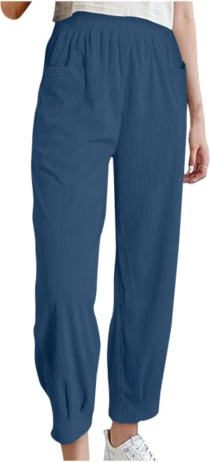 Corduroy Pants for Women High Waisted Trousers 2024 Trendy Fall Business Casual Pants with Pockets Elastic Pants
