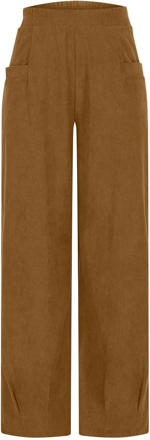 Corduroy Pants for Women High Waisted Trousers 2024 Trendy Fall Business Casual Pants with Pockets Elastic Pants