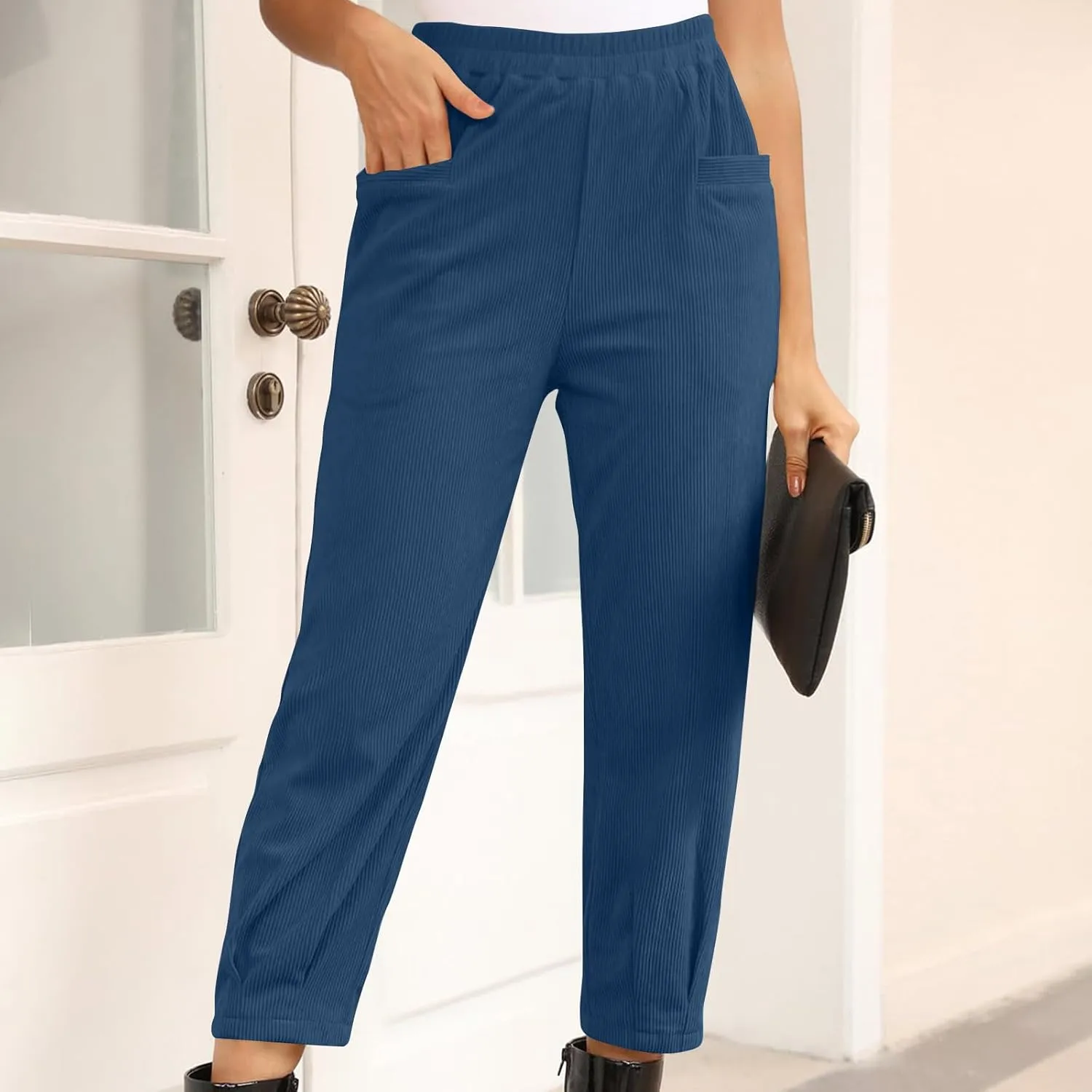 Corduroy Pants for Women High Waisted Trousers 2024 Trendy Fall Business Casual Pants with Pockets Elastic Pants