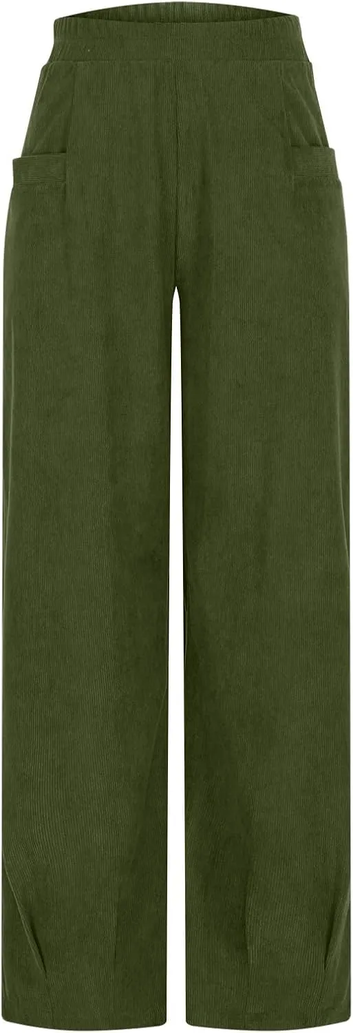 Corduroy Pants for Women High Waisted Trousers 2024 Trendy Fall Business Casual Pants with Pockets Elastic Pants