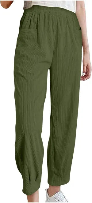 Corduroy Pants for Women High Waisted Trousers 2024 Trendy Fall Business Casual Pants with Pockets Elastic Pants