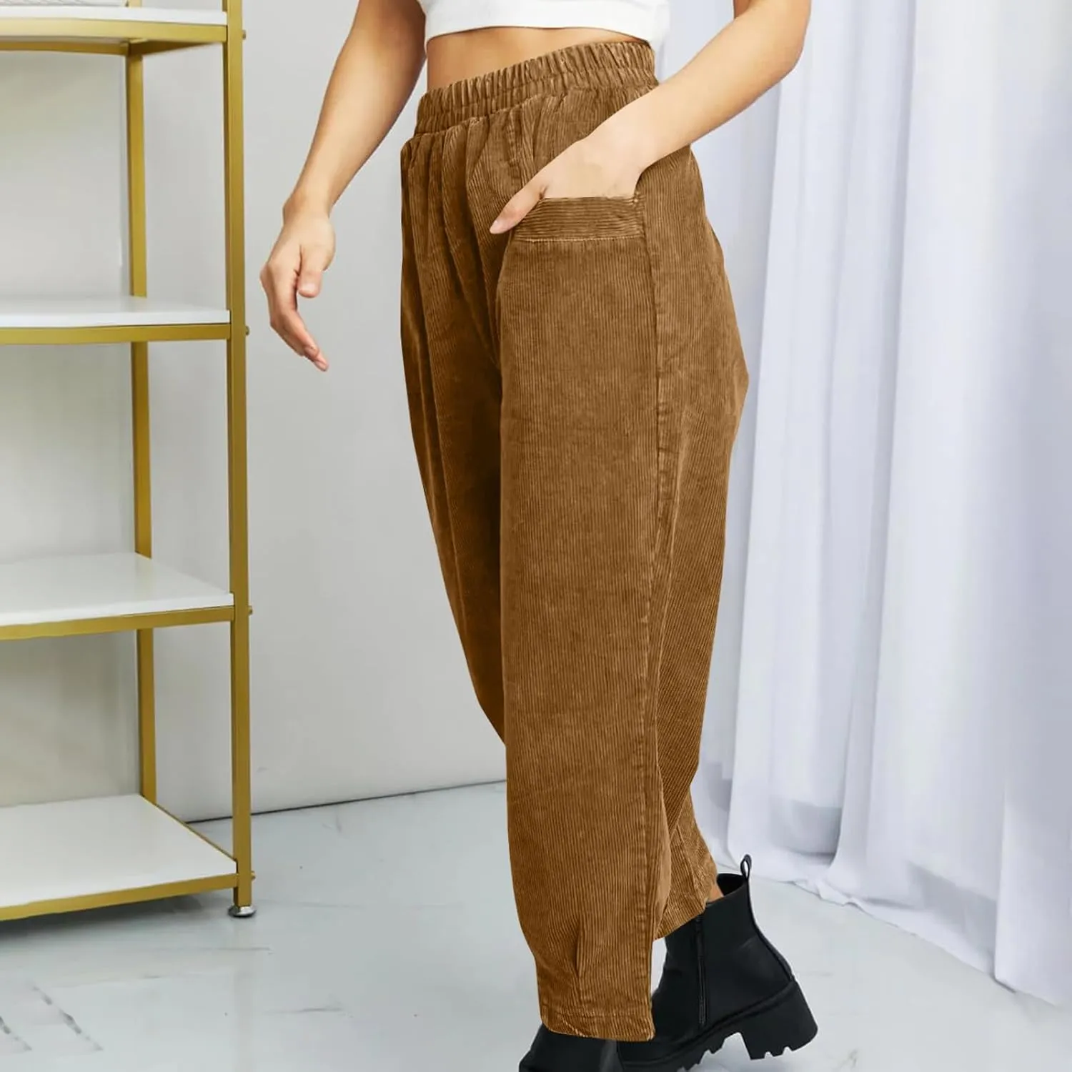 Corduroy Pants for Women High Waisted Trousers 2024 Trendy Fall Business Casual Pants with Pockets Elastic Pants