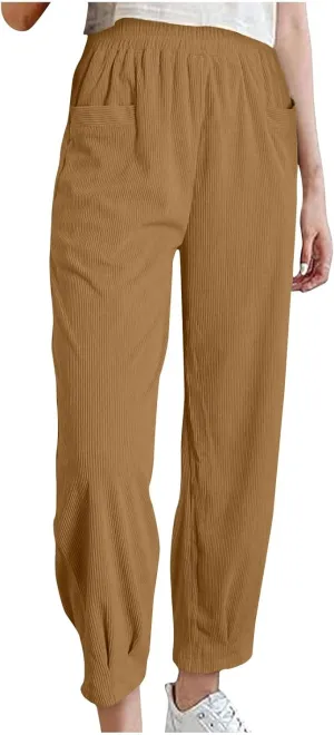 Corduroy Pants for Women High Waisted Trousers 2024 Trendy Fall Business Casual Pants with Pockets Elastic Pants