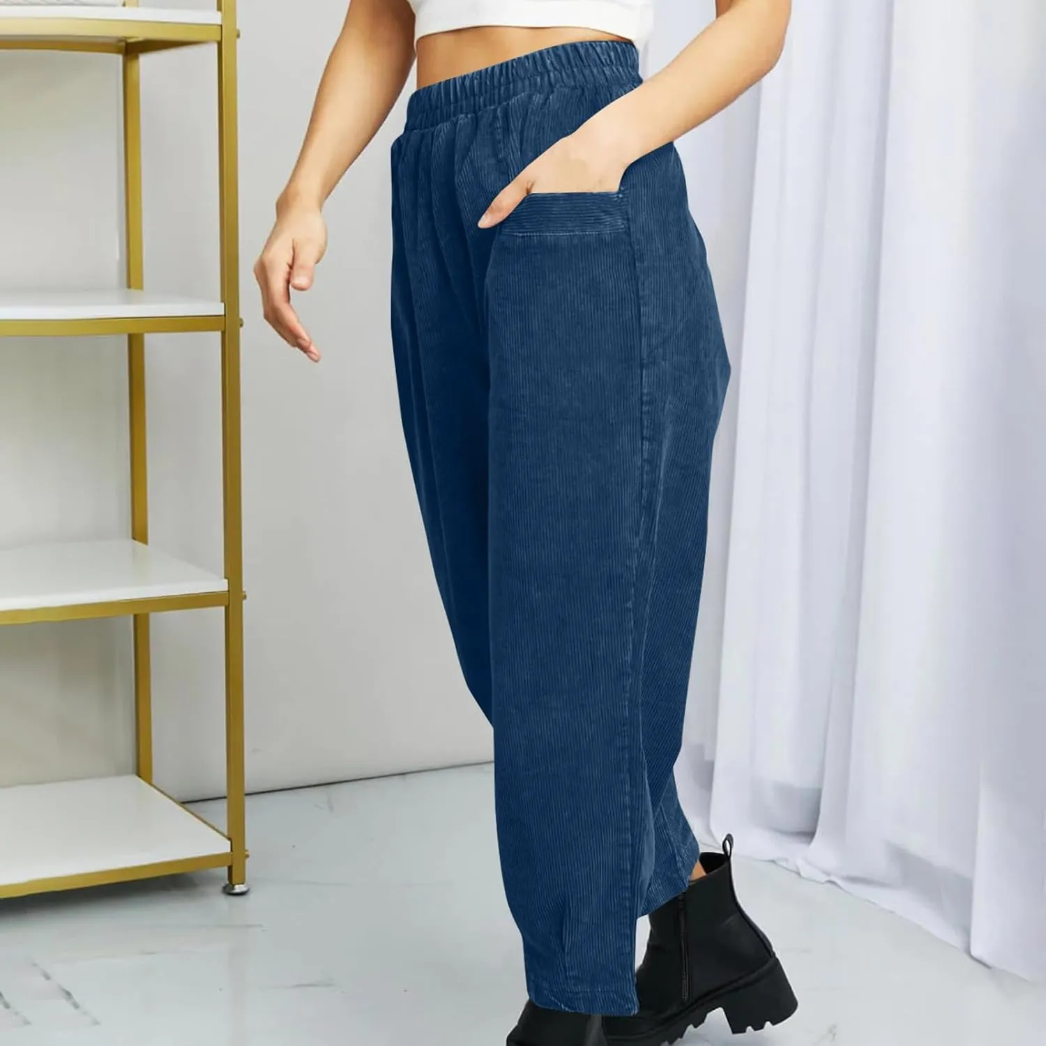 Corduroy Pants for Women High Waisted Trousers 2024 Trendy Fall Business Casual Pants with Pockets Elastic Pants