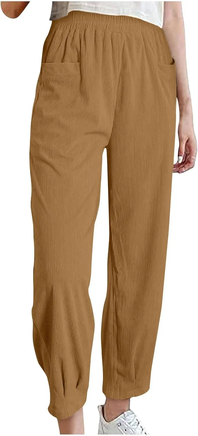 Corduroy Pants for Women High Waisted Trousers 2024 Trendy Fall Business Casual Pants with Pockets Elastic Pants