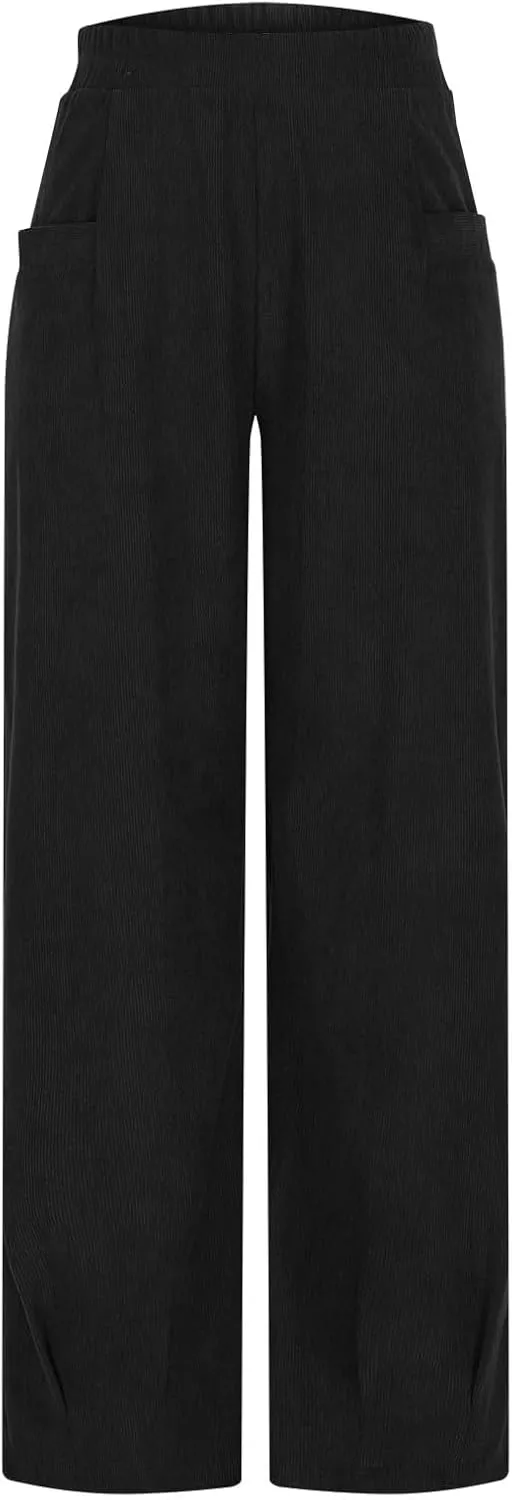 Corduroy Pants for Women High Waisted Trousers 2024 Trendy Fall Business Casual Pants with Pockets Elastic Pants