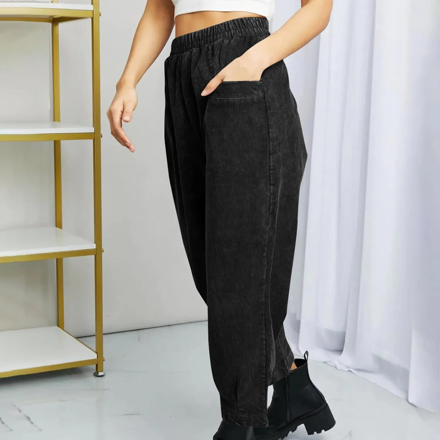 Corduroy Pants for Women High Waisted Trousers 2024 Trendy Fall Business Casual Pants with Pockets Elastic Pants