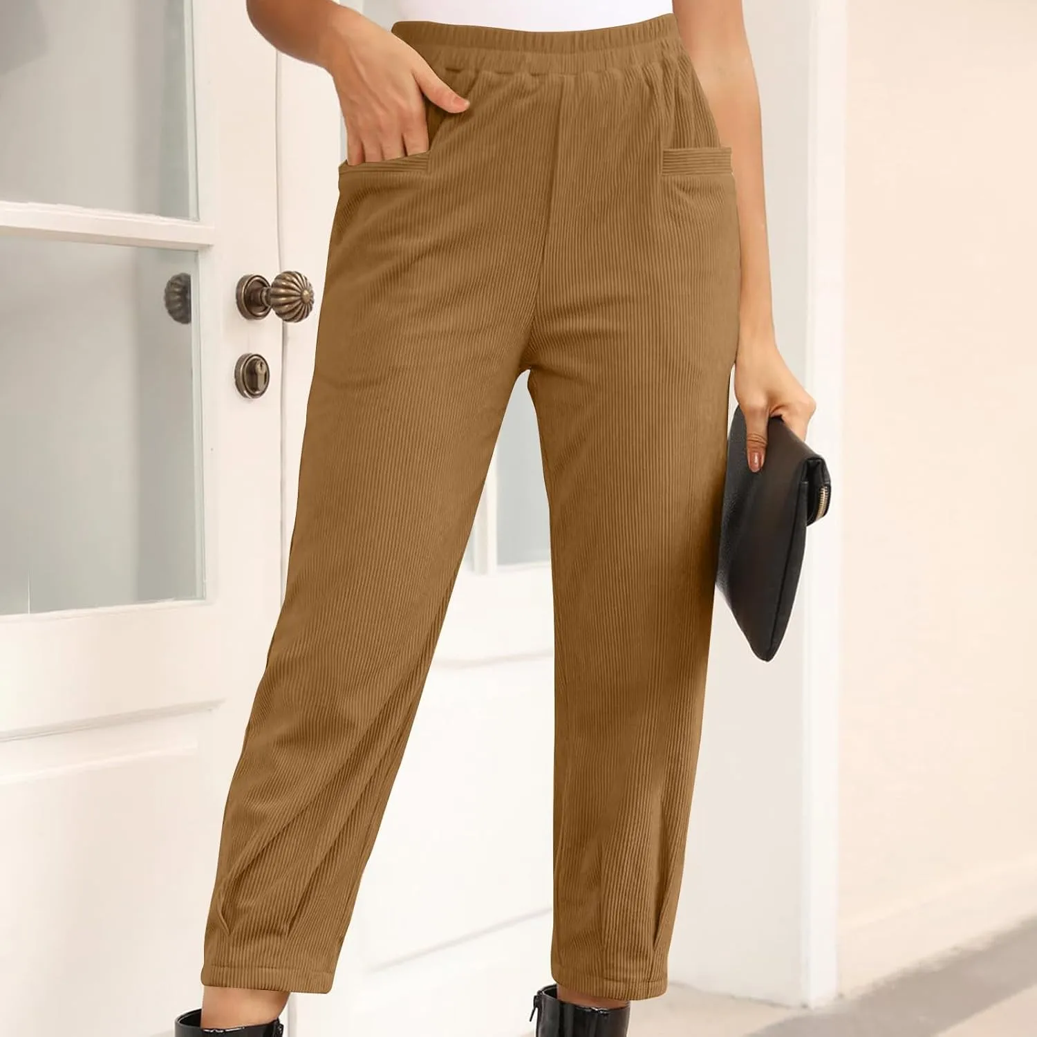 Corduroy Pants for Women High Waisted Trousers 2024 Trendy Fall Business Casual Pants with Pockets Elastic Pants