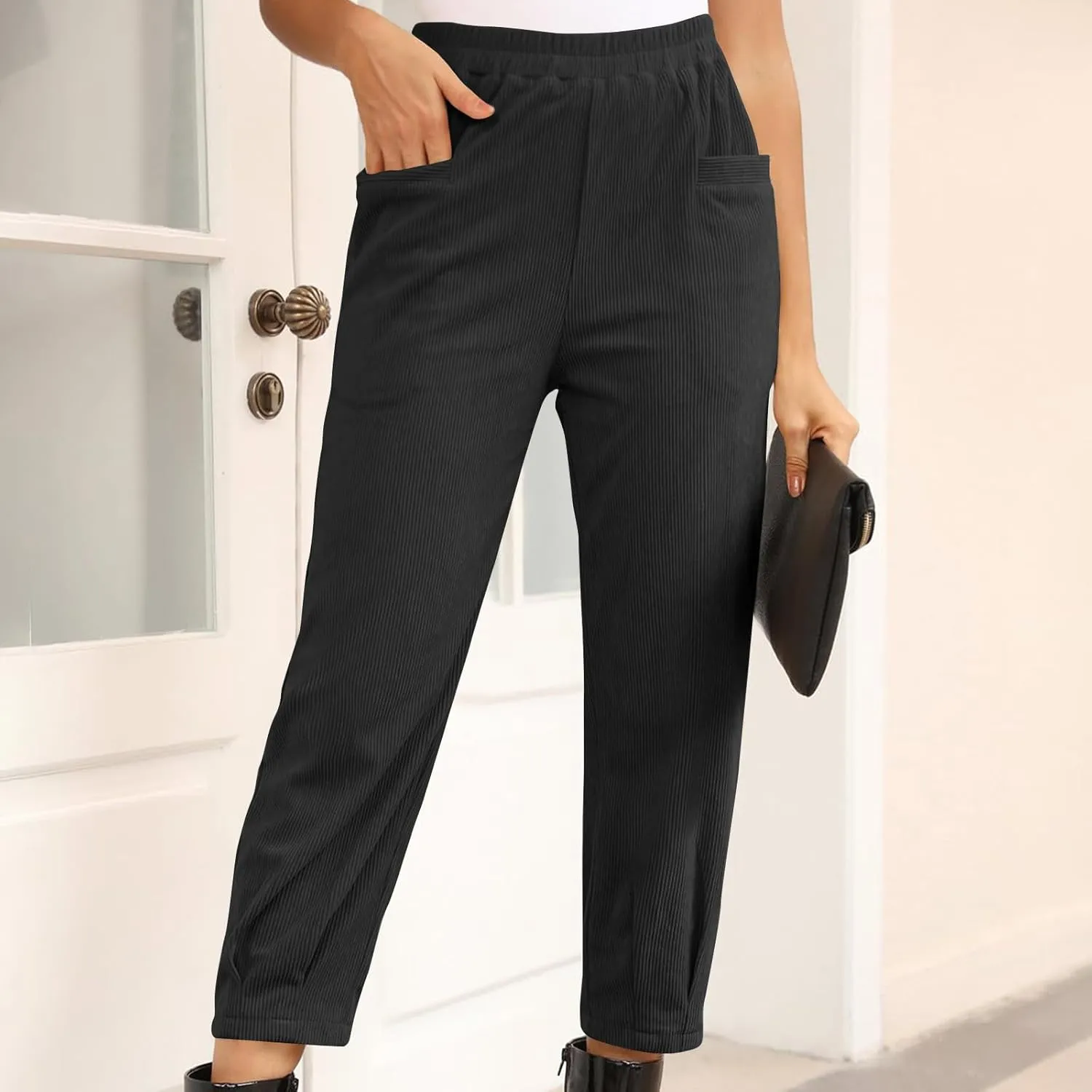 Corduroy Pants for Women High Waisted Trousers 2024 Trendy Fall Business Casual Pants with Pockets Elastic Pants