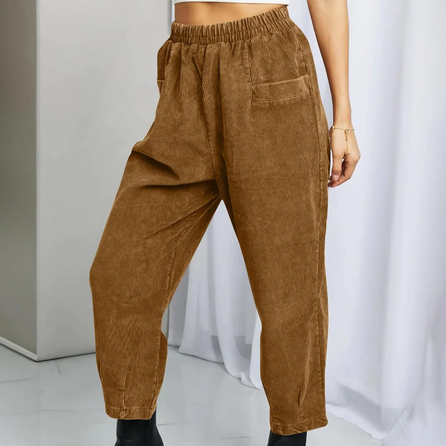 Corduroy Pants for Women High Waisted Trousers 2024 Trendy Fall Business Casual Pants with Pockets Elastic Pants