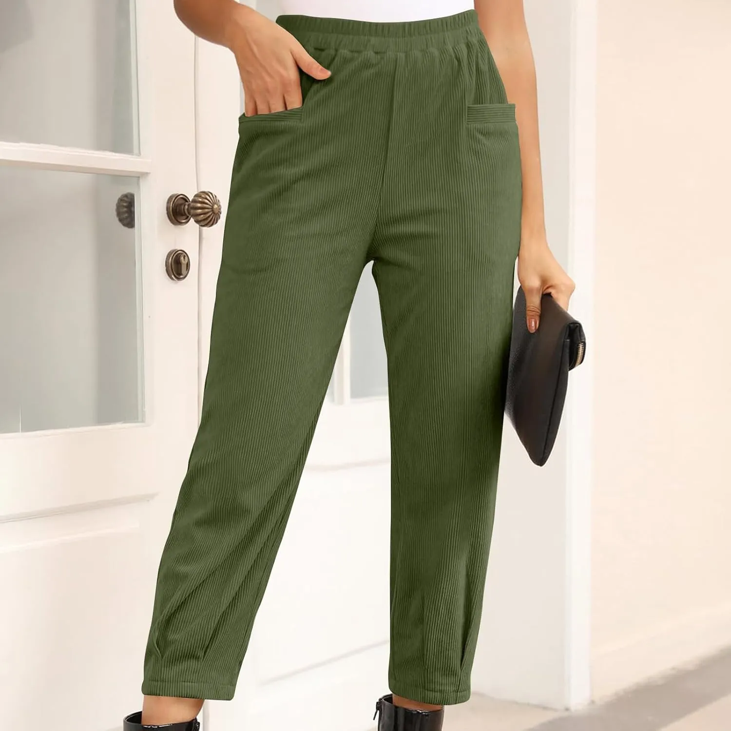 Corduroy Pants for Women High Waisted Trousers 2024 Trendy Fall Business Casual Pants with Pockets Elastic Pants
