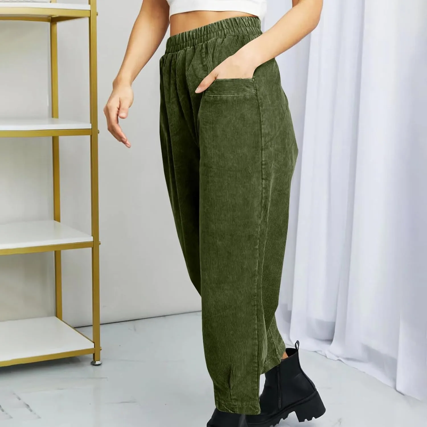 Corduroy Pants for Women High Waisted Trousers 2024 Trendy Fall Business Casual Pants with Pockets Elastic Pants