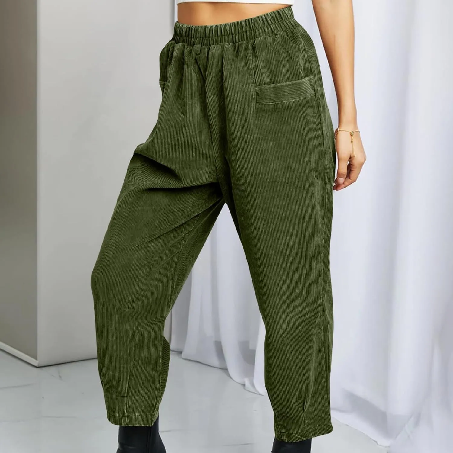 Corduroy Pants for Women High Waisted Trousers 2024 Trendy Fall Business Casual Pants with Pockets Elastic Pants
