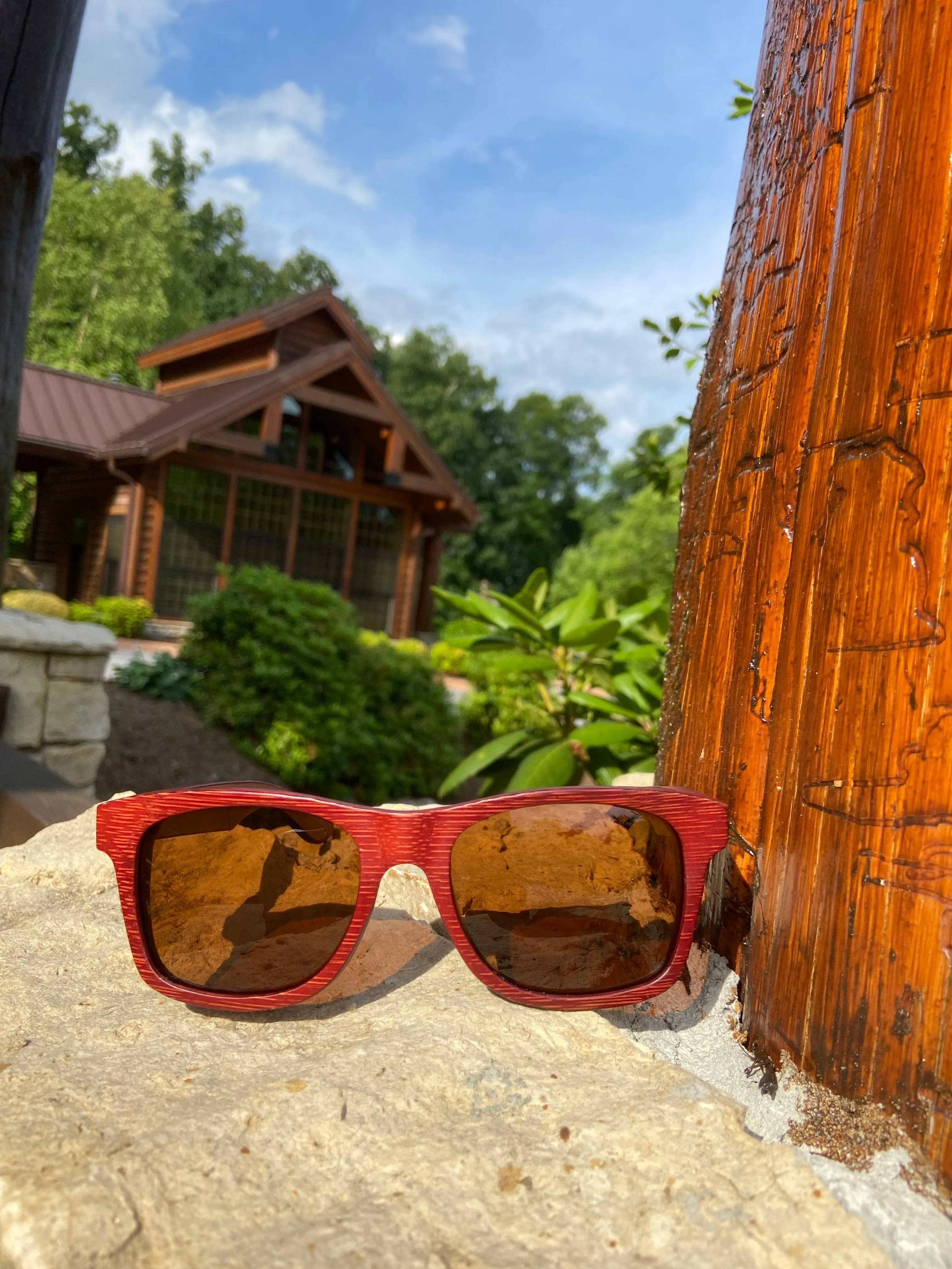 Crimson Wooden Sunglasses, Tea Colored Polarized Lenses