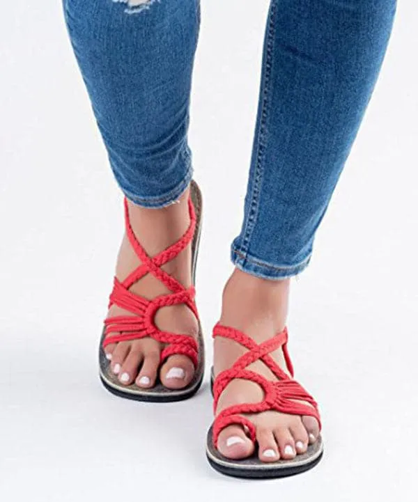 Cross Strap Black Flat Sandals Knit Fabric Hollow Out Walking Sandals