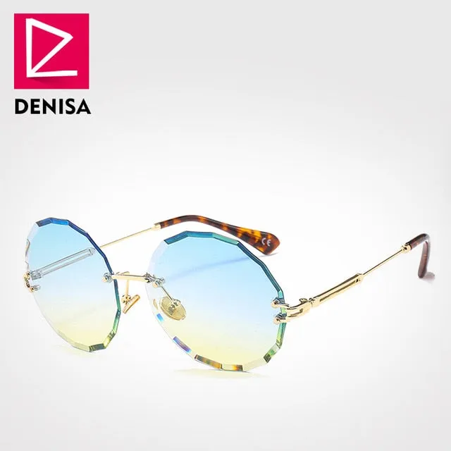 DENISA Vintage Round Sunglasses Women Men 2019 Fashion Rimless Glasses Retro Pink Sun Glasses Women UV400 zonnebril dames G18604