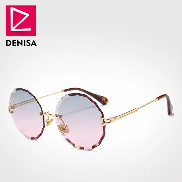 DENISA Vintage Round Sunglasses Women Men 2019 Fashion Rimless Glasses Retro Pink Sun Glasses Women UV400 zonnebril dames G18604