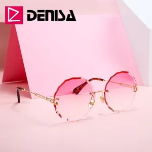 DENISA Vintage Round Sunglasses Women Men 2019 Fashion Rimless Glasses Retro Pink Sun Glasses Women UV400 zonnebril dames G18604