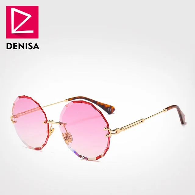 DENISA Vintage Round Sunglasses Women Men 2019 Fashion Rimless Glasses Retro Pink Sun Glasses Women UV400 zonnebril dames G18604