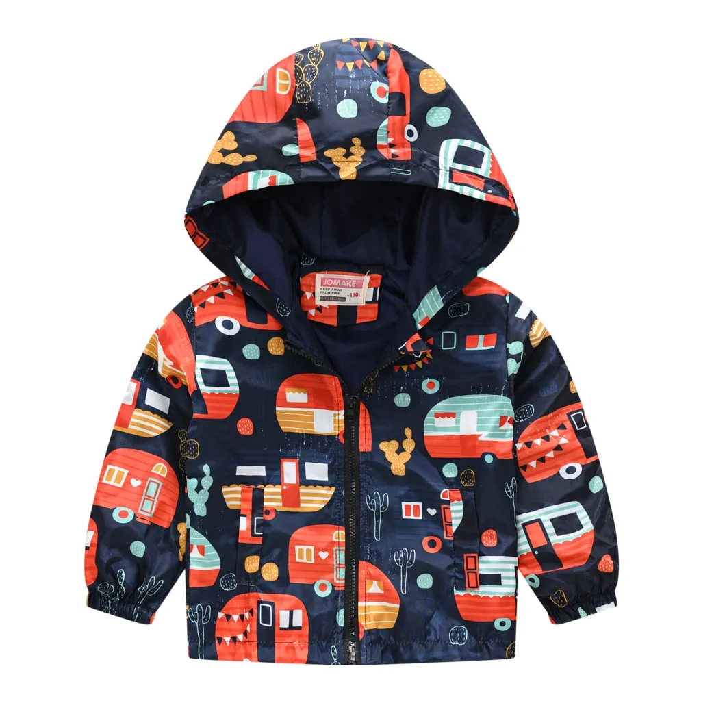 Dinosaurs Graphic Print Kids Boys Windproof Hooded Jackets