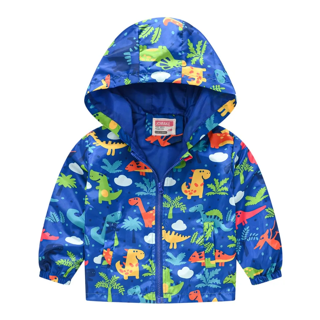 Dinosaurs Graphic Print Kids Boys Windproof Hooded Jackets