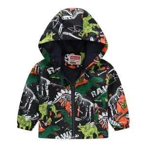 Dinosaurs Graphic Print Kids Boys Windproof Hooded Jackets
