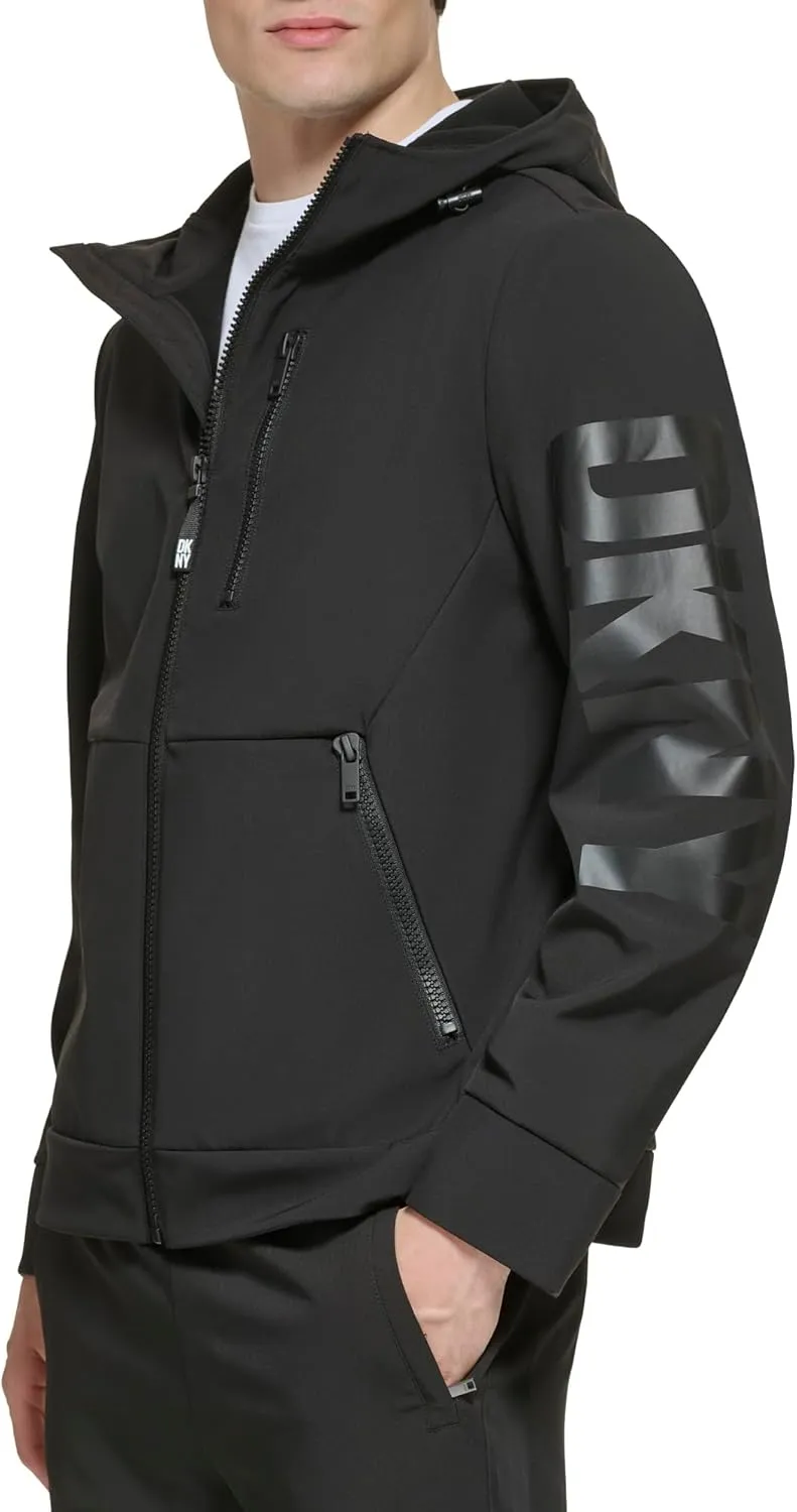 DKNY Mens Hooded Logo Softshell Jacket