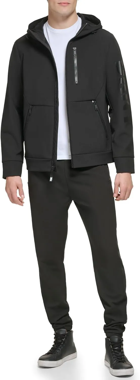 DKNY Mens Hooded Logo Softshell Jacket