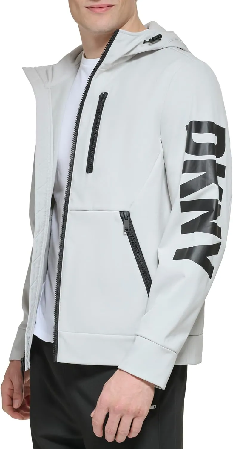DKNY Mens Hooded Logo Softshell Jacket