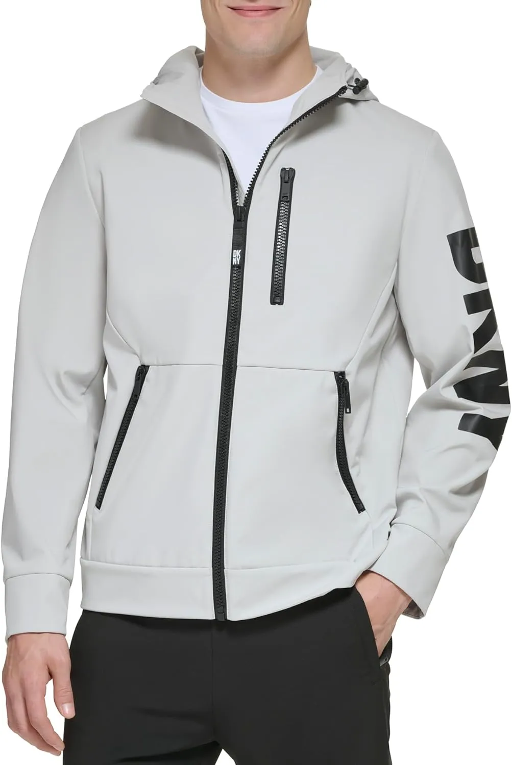 DKNY Mens Hooded Logo Softshell Jacket