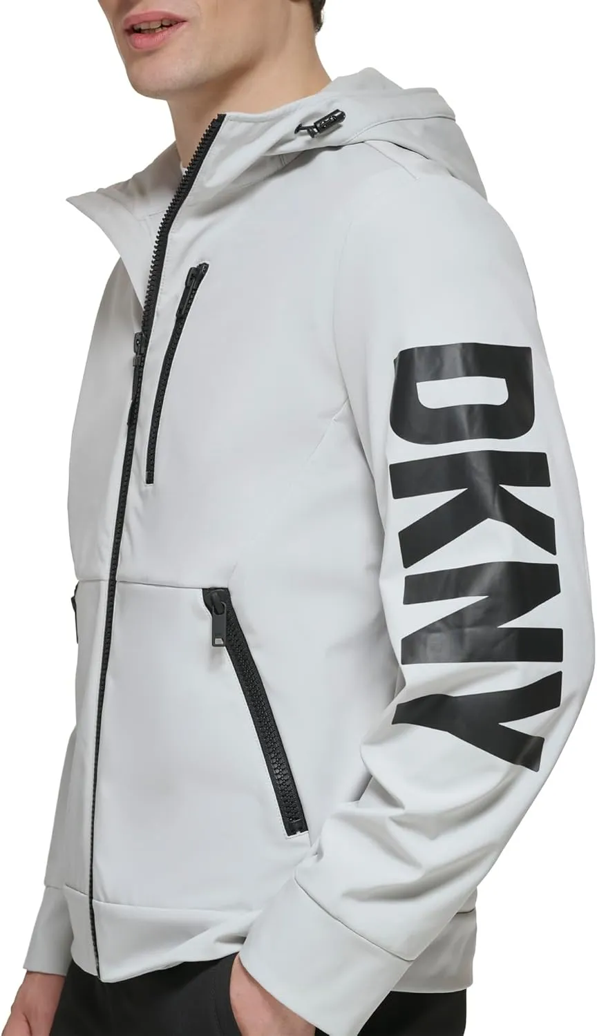 DKNY Mens Hooded Logo Softshell Jacket