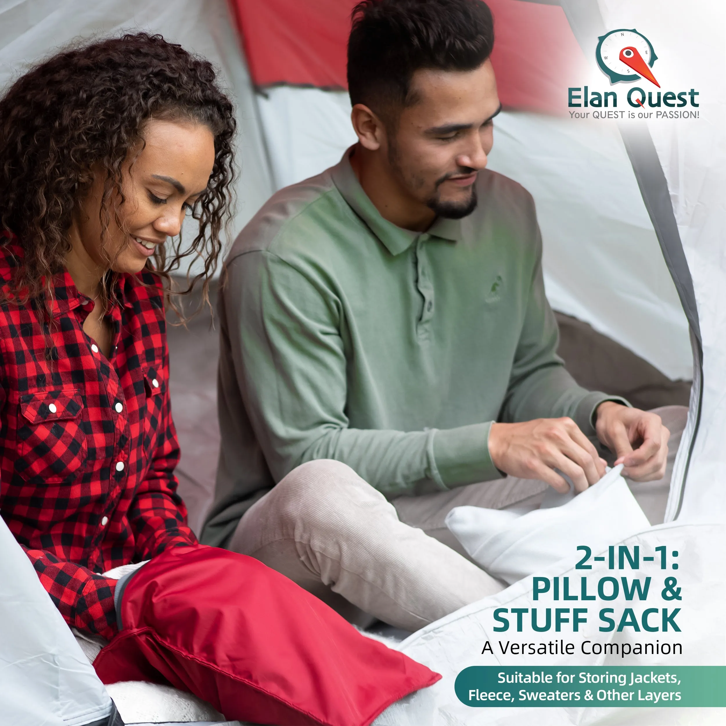 Elan Quest Stuffable Camping Pillow | Stuff Sack (Red/Large) - Reversible Lightweight Water Resistant - Bring Your Own Stuffing
