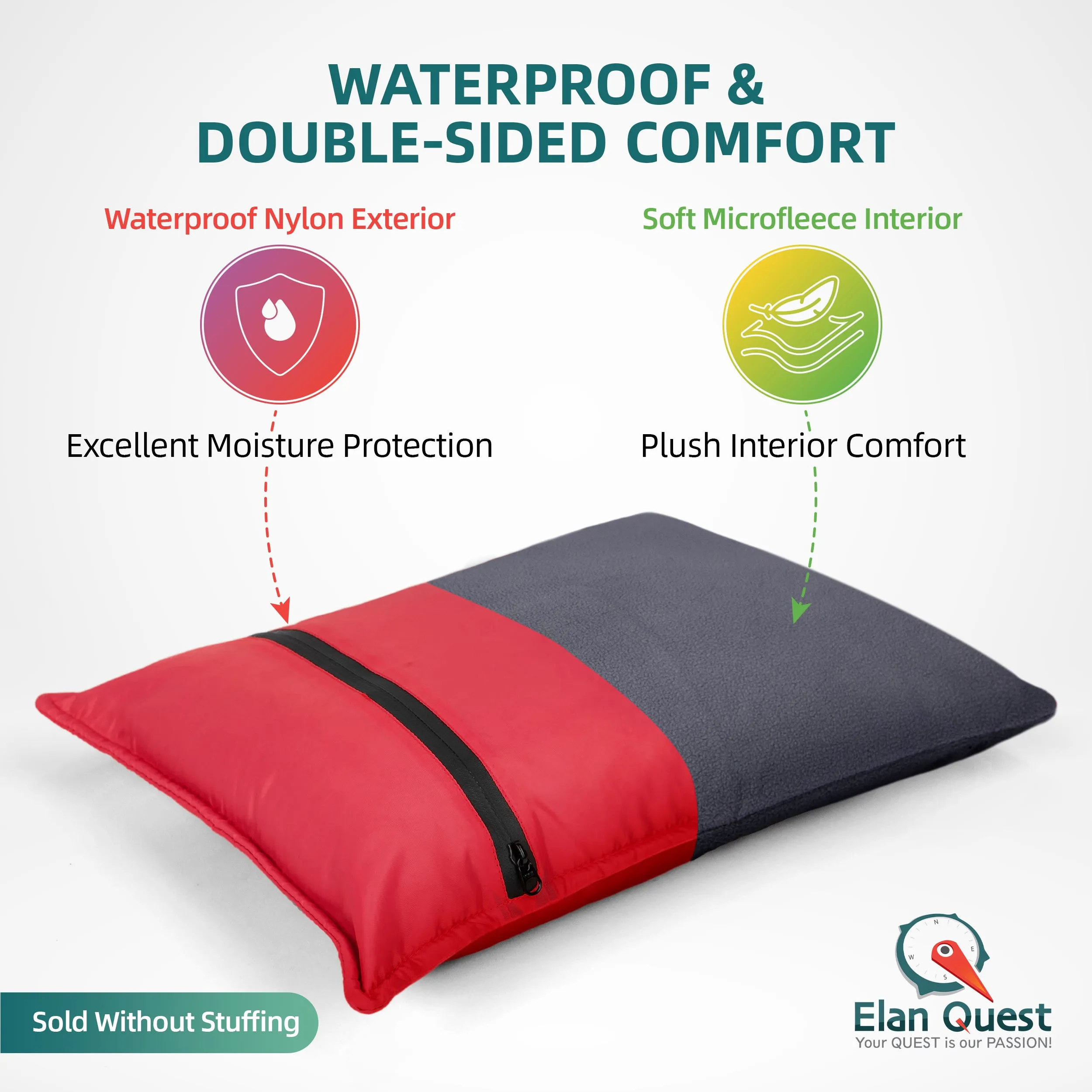Elan Quest Stuffable Camping Pillow | Stuff Sack (Red/Large) - Reversible Lightweight Water Resistant - Bring Your Own Stuffing