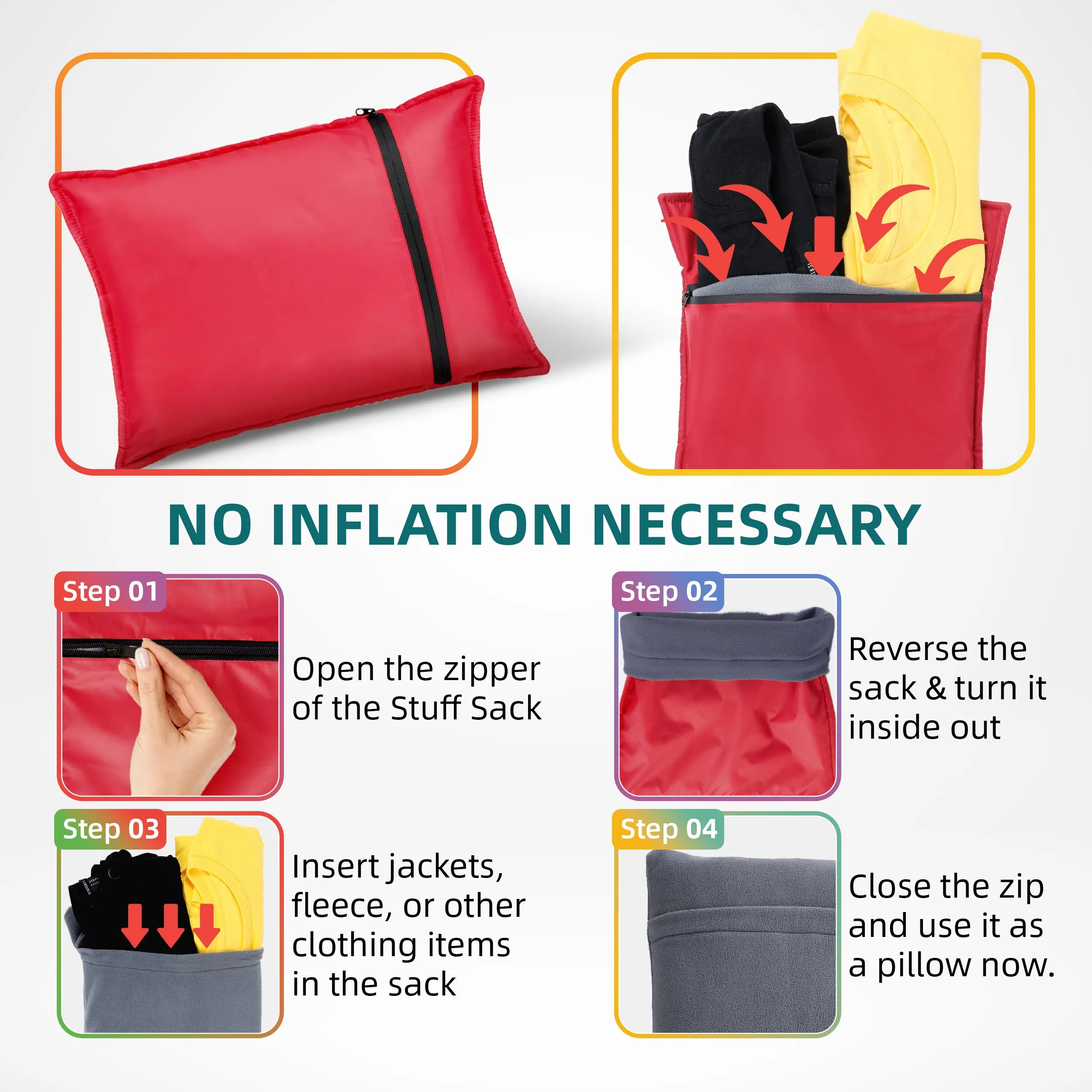 Elan Quest Stuffable Camping Pillow | Stuff Sack (Red/Large) - Reversible Lightweight Water Resistant - Bring Your Own Stuffing