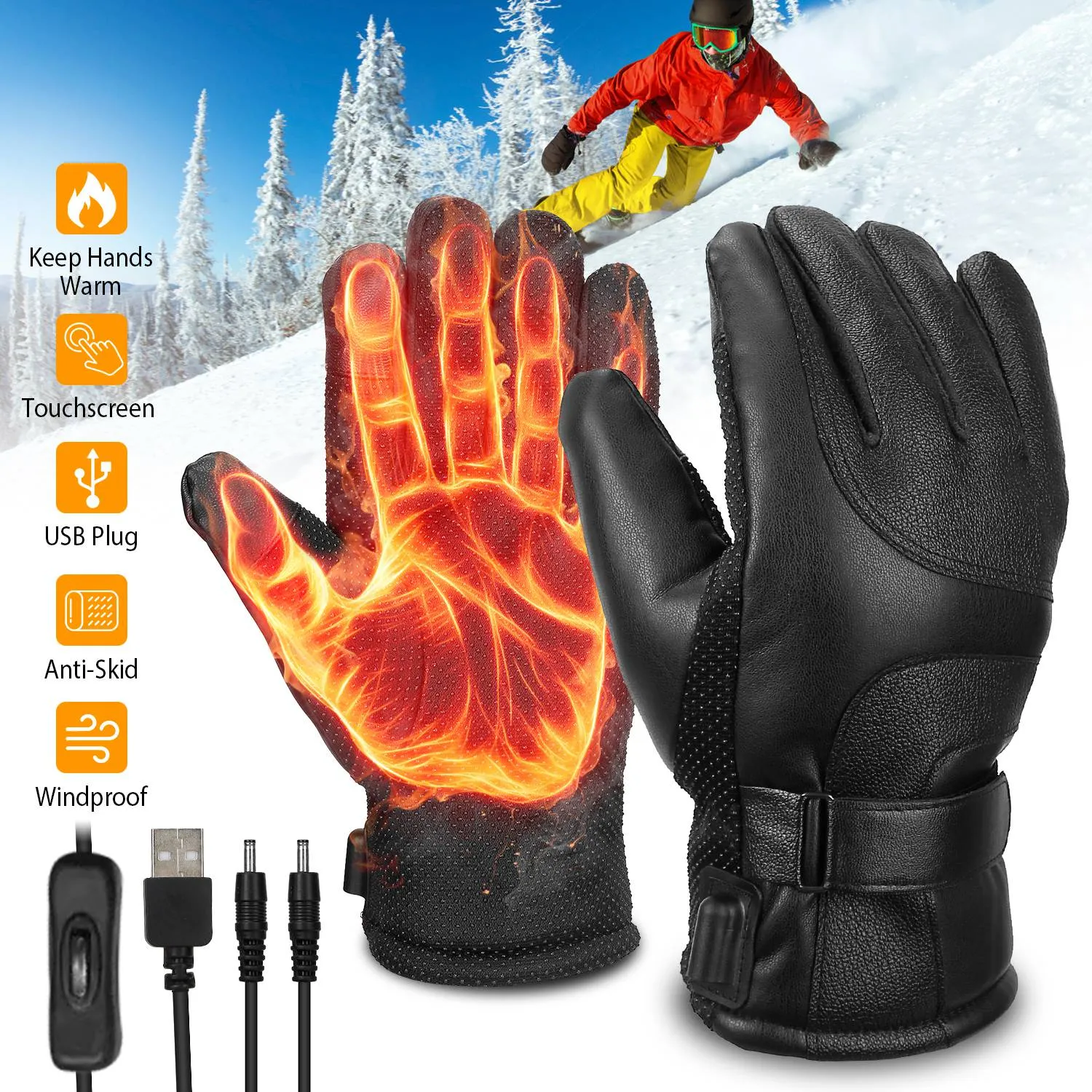 Electric Heated Touchscreen Thermal Gloves Leather USB Plug