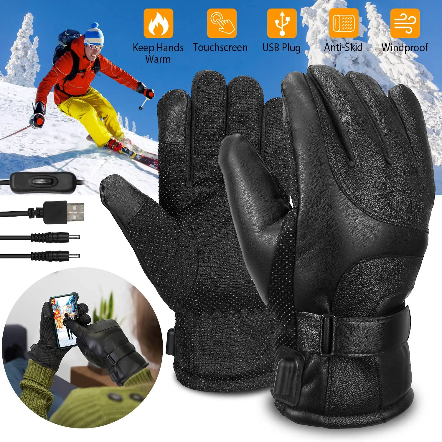 Electric Heated Touchscreen Thermal Gloves Leather USB Plug