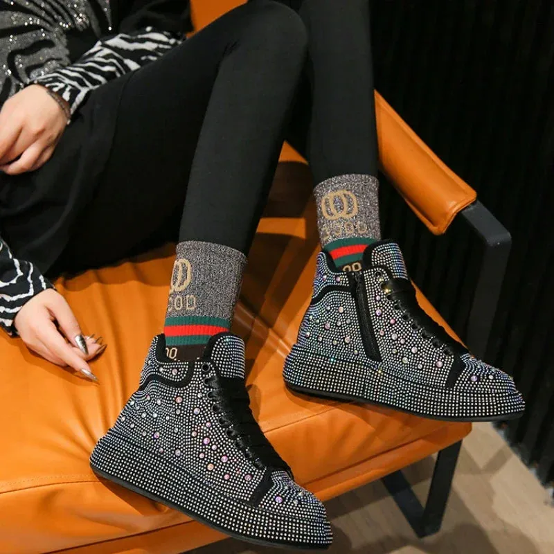 Elegant Diamond Boots for Women - Winter Ankle Snow Boots with Round Toe, Thick Bottom, and Warm Flashing Design