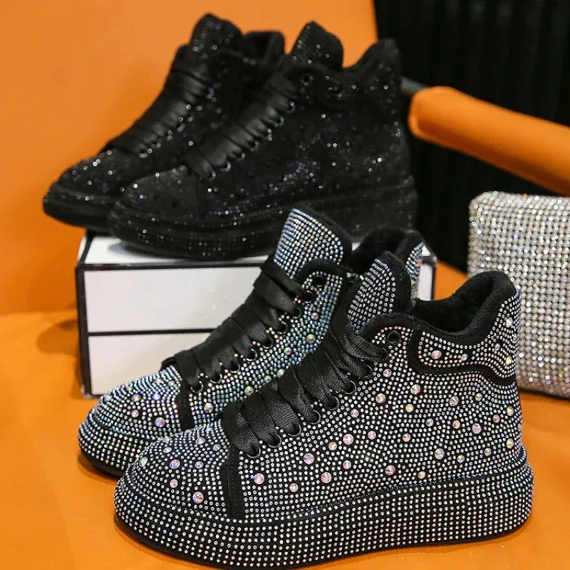 Elegant Diamond Boots for Women - Winter Ankle Snow Boots with Round Toe, Thick Bottom, and Warm Flashing Design